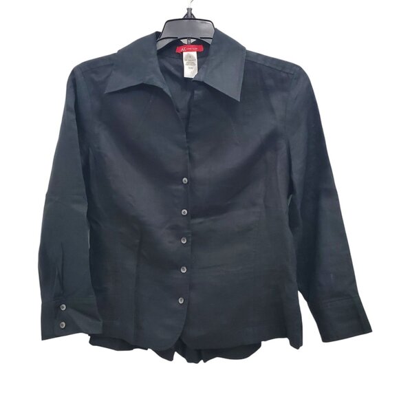 Anne Klein Vintage Black Linen 3/4 Sleeve Button Up‎ Pleated Back Academia Top 8 - Picture 1 of 6